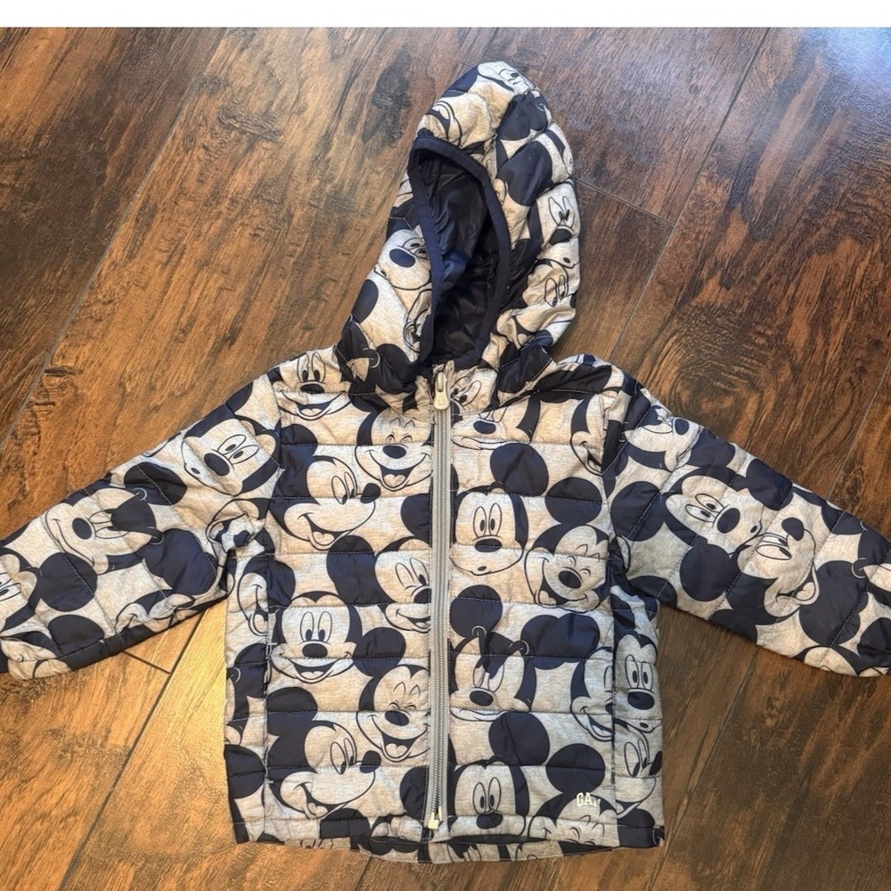 Baby Gap Disney Mickey Mouse Puffer Jacket 18-24 Months Grey Navy Hooded Winter